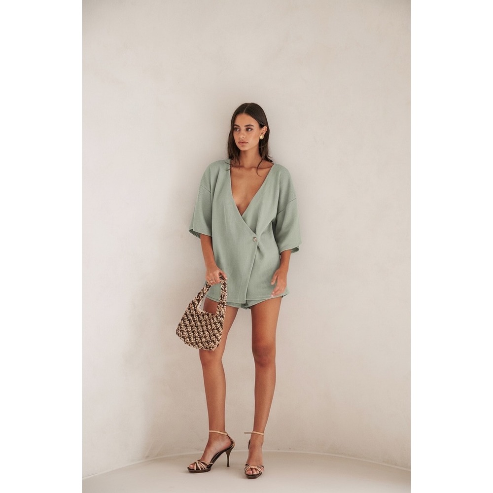 Sabo Skirt | Wyatt Top Size M Sage Green Knit Wrap V-Neck Short Sleeve